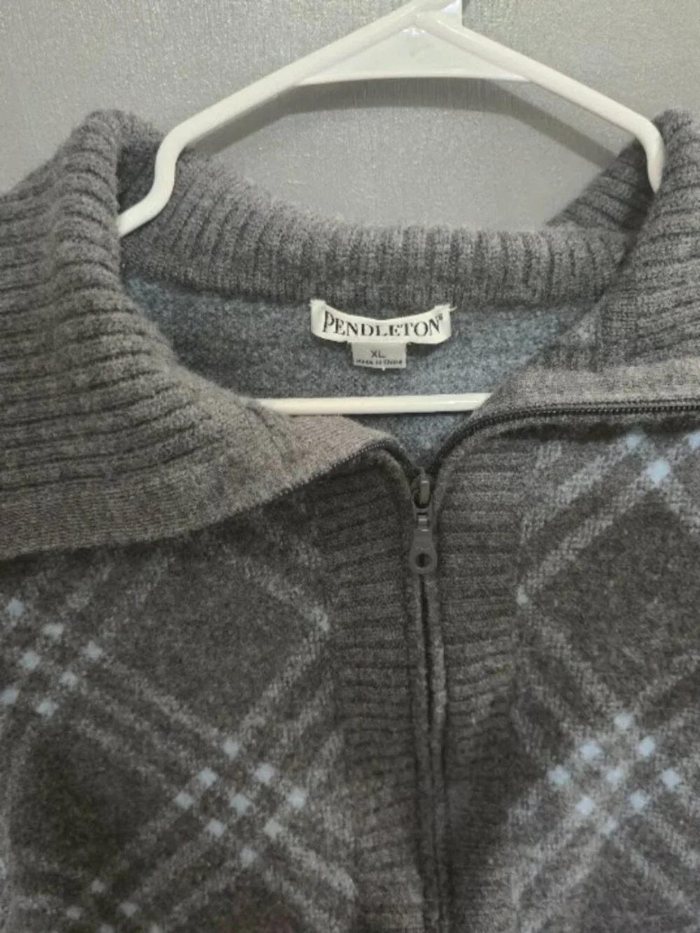 Pendleton Gray Plaid Wool Full Zip Sweater Jacket XL